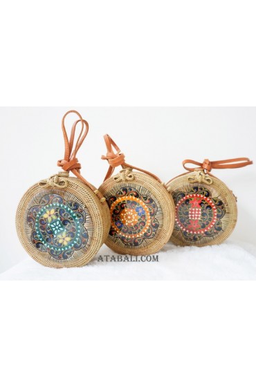 3color circle sling bags rattan with wooden hand carved handmade